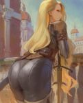  1girl armor ass back belt bodysuit commentary_request earrings grin jewelry kazo leather_armor long_hair looking_at_viewer original pouch sheath smile solo sword thigh-highs violet_eyes weapon 