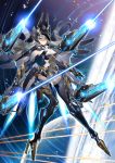  1girl anubis firing floating_hair highres laser mecha_musume official_art open_hands original painttool_sai_(medium) photoshop_(medium) planet science_fiction silver_hair sptuel yellow_eyes 