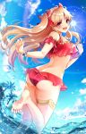  1girl ass bare_shoulders barefoot bikini blonde_hair blush bracelet breasts chiachun0621 earrings ereshkigal_(fate/grand_order) fate/grand_order fate_(series) frilled_bikini frills from_behind hair_ribbon highres jewelry long_hair looking_at_viewer medium_breasts open_mouth red_bikini red_ribbon ribbon solo sun swimsuit thigh_strap twintails water wavy_mouth 