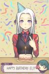  1girl alternate_costume birthday black_vest byleth_(fire_emblem) byleth_eisner_(male) cake candle chibi closed_mouth cute edelgard_von_hresvelg english_text eyelashes fire_emblem fire_emblem:_three_houses fire_emblem:_three_houses food gofelem hair_ribbon happy_birthday intelligent_systems long_hair long_sleeves male_my_unit_(fire_emblem:_three_houses) marfrey moe my_unit_(fire_emblem:_three_houses) nintendo party_hat party_horn patreon_username plate ribbon solo_focus table twitter_username vest violet_eyes watermark web_address white_hair 