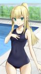  1girl alternate_costume bangs bare_arms blonde_hair blue_swimsuit blurry blurry_background blush breasts collarbone commentary_request covered_navel cowboy_shot day elfenlied22 eyebrows_visible_through_hair fate_(series) green_eyes high_ponytail highres long_hair looking_at_viewer lord_el-melloi_ii_case_files one-piece_swimsuit outdoors ponytail pool poolside reines_el-melloi_archisorte school_swimsuit small_breasts smile solo swimsuit 