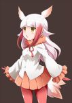  1girl :o bangs blunt_bangs blush commentary_request eyebrows_visible_through_hair fur_collar gloves head_wings japanese_crested_ibis_(kemono_friends) kemono_friends long_hair long_sleeves misashi_(raichi821) multicolored_hair open_mouth orange_skirt pantyhose pleated_skirt red_gloves red_legwear redhead shiny shiny_hair shirt skirt solo tail two-tone_hair white_hair yellow_eyes 
