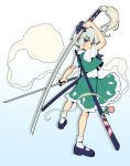  1girl arm_up blue_eyes blue_footwear blue_hairband bobby_socks closed_mouth dual_wielding eyebrows_visible_through_hair flower full_body gradient gradient_background green_skirt green_vest hairband hitodama holding holding_sword holding_weapon katana konpaku_youmu konpaku_youmu_(ghost) legs_apart looking_at_viewer mary_janes pink_flower sheath shirt shoes short_hair short_sleeves silhouette silver_hair sjw_kazuya skirt skirt_set socks solo standing sword touhou unsheathed vest wakizashi weapon white_legwear white_shirt 