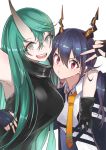 2girls arknights arm_over_shoulder armpits bangs blazer blue_hair breasts ch&#039;en_(arknights) commentary commentary_request cowboy_shot eyebrows_visible_through_hair fingerless_gloves gloves green_hair grey_eyes grin hair_between_eyes hair_over_one_eye hair_over_shoulder horns hoshiguma_(arknights) jacket long_hair looking_at_viewer multiple_girls necktie oni oni_horns pout simple_background smile standing v v-shaped_eyebrows very_long_hair violet_eyes white_background yuzuruka_(bougainvillea) 