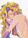  1990s_(style) backless_dress backless_outfit blonde_hair blue_eyes corded_phone crystal_earrings dress earrings golden_boy halterneck highres holding holding_phone jewelry kawamoto_toshihiro long_hair looking_at_viewer official_art onna_shachou phone scan simple_background wet wet_hair white_background 
