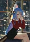  1girl absurdres ahoge alternate_costume aran_sweater azur_lane blue_hair bra_strap casual cityscape crossed_legs ferris_wheel ferris_wheel_interior gradient_hair headgear helena_(azur_lane) highres huge_filesize long_hair multicolored_hair off_shoulder skirt sweater vayneeeee violet_eyes 