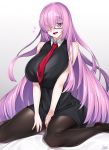  1girl alternate_hair_length alternate_hairstyle bangs bare_shoulders black_dress black_legwear blush breasts dress fate/grand_order fate_(series) glasses hair_over_one_eye heart highres large_breasts lavender_hair long_hair looking_at_viewer mash_kyrielight necktie open_mouth pantyhose red_neckwear simple_background sitting smile thighs violet_eyes wariza watosu 