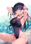  1girl :o armpits arms_behind_head arms_up ayamy bare_arms bare_shoulders black_hair black_swimsuit blue_eyes breasts commentary_request competition_swimsuit covered_navel hair_ornament highleg highleg_swimsuit highres large_breasts long_hair looking_at_viewer miyawaki_sana multicolored_hair one-piece_swimsuit open_mouth original poolside sitting solo swimsuit thighs tongue tongue_out two-tone_hair water wet x_hair_ornament 