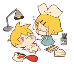  1boy 1girl :i bangs blonde_hair blue_dress bow collared_shirt commentary crayon crying crying_with_eyes_open dress fork gloves hair_bow hair_ornament hairclip kagamine_len kagamine_rin ketchup kitsune_no_ko kneeling knife lamp lying mask mouth_mask napkin o_o on_back playing_doctor scared screwdriver shirt shirt_removed short_hair short_ponytail solid_circle_eyes sparkle spiky_hair spill surgeon surgery surgical_mask swept_bangs tears tissue_box translated trembling vocaloid white_bow white_shirt wrench x |_| 