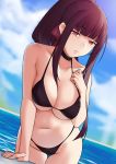  1girl arm_support bikini breasts bushidokuroi choker clouds collarbone dutch_angle eyebrows_visible_through_hair girls_frontline hair_ribbon halterneck hand_on_own_chest highres large_breasts long_hair navel parted_lips ponytail red_eyes ribbon sky solo swimsuit thigh_gap wa2000_(girls_frontline) water 