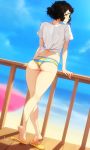  1girl arm_support ass back beach bikini bikini_bottom black_hair blurry blurry_background feet feguimel female female_ass flip-flops from_behind highres kawakami_sadayo looking_at_viewer looking_back ocean persona persona_5 sandals shirt short_hair striped striped_bikini swimsuit t-shirt tied_shirt tiptoes whistle whistle_around_neck 