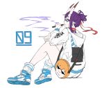  1girl back bag baihuenyexing earrings fate/grand_order fate_(series) hood hooded_jacket horns jacket jewelry oni pink_eyes pink_hair ponytail sakata_kintoki_(fate/grand_order) shoes shorts shuten_douji_(fate/grand_order) sitting sneakers socks solo sunglasses white_legwear 