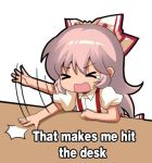  &gt;_&lt; 1girl angry bow english_text eyebrows_visible_through_hair fujiwara_no_mokou hair_bow laughing lowres meme motion_lines open_mouth pink_hair puffy_short_sleeves puffy_sleeves shangguan_feiying shirt short_sleeves simple_background suspenders table teardrop touhou translated white_background white_bow white_shirt wooden_table 
