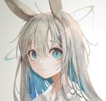 1girl ahoge animal_ears bangs blue_eyes close-up collared_shirt commentary eyebrows_behind_hair face gradient gradient_background grey_hair hair_between_eyes highres long_hair looking_at_viewer mile_(mil2) original parted_lips photoshop_(medium) rabbit_ears shirt smile solo white_background 
