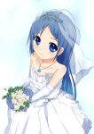  blue_eyes blue_hair bouquet collar collarbone dress elbow_gloves flower gloves highres k_b_sho kantai_collection looking_at_viewer painttool_sai_(medium) photoshop_(medium) samidare_(kantai_collection) simple_background smile strapless strapless_dress tiara veil wedding wedding_dress white_gloves 