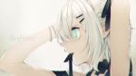  arms_up ars_almal artist_request black_choker black_ribbon black_shirt bracelet character_name choker chromatic_aberration from_side green_eyes hair_ornament hairpin jewelry mouth_hold nijisanji ribbon ribbon_in_mouth shirt short_hair tying_hair virtual_youtuber white_background white_hair 