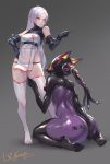  2girls absurdres ass barcode bare_shoulders black_gloves blush bodysuit covered_navel covered_nipples dated elbow_gloves gloves gradient gradient_background hand_on_hip highres kneeling long_hair lxkate mask multiple_girls original parted_lips pointing shiny short_eyebrows signature standing thigh-highs toenails turtleneck white_hair white_legwear yellow_eyes 
