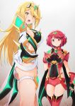  2girls ass bangs black_gloves blonde_hair blush breasts chest_jewel covered_navel dress earrings elbow_gloves fingerless_gloves gem gloves gradient gradient_background highres mythra_(xenoblade) pyra_(xenoblade) jewelry kazuma_muramasa large_breasts long_hair looking_at_viewer multiple_girls open_mouth parted_lips pointing red_eyes red_shorts redhead short_dress short_hair shorts shoulder_armor swept_bangs thigh-highs thigh_strap tiara white_dress white_gloves xenoblade_(series) xenoblade_2 yellow_eyes 