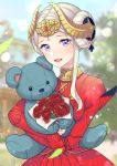  1girl artist_name blue_sky day edelgard_von_hresvelg fire_emblem fire_emblem:_three_houses flower headpiece highres holding holding_stuffed_animal horns open_mouth outdoors sky solo stuffed_animal stuffed_toy teddy_bear upper_body violet_eyes white_hair yudepan_(yuri_no_sugata) 