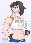  1girl abs artist_name bare_shoulders black_hair breasts collarbone english_text fingerless_gloves gloves grey_background large_breasts midriff muscle muscular_female navel original shardanic short_hair simple_background sleeveless solo sports_bra stomach teeth upper_body watermark 