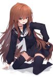  1girl absurdres aisaka_taiga arm_support bangs black_legwear black_serafuku black_skirt blush brown_eyes brown_hair choker collarbone commentary fang full_body highres kneeling leaning_to_the_side lo-ta long_hair long_sleeves looking_at_viewer neckerchief oohashi_high_school_uniform open_mouth pleated_skirt sailor_collar school_uniform serafuku shadow sidelocks skirt solo thigh-highs toradora! white_background white_neckwear zettai_ryouiki 