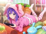  1girl :o bangs carrot_pillow commentary_request green_eyes hair_between_eyes heart holding hood idolmaster idolmaster_million_live! idolmaster_million_live!_theater_days indoors lying misashi_(raichi821) mochizuki_anna on_stomach open_mouth purple_hair solo sparkle striped striped_legwear thigh-highs two-tone_legwear 