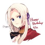  1girl closed_mouth dated edelgard_von_hresvelg fire_emblem fire_emblem:_three_houses hair_ribbon happy_birthday long_hair naho_(pi988y) ribbon simple_background smile solo twitter_username upper_body violet_eyes white_background white_hair 