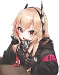  1girl applepie_(12711019) armband black_jacket fangs girls_frontline gloves headgear highres jacket light_brown_hair long_hair looking_at_viewer m4_sopmod_ii_(girls_frontline) mechanical_hand multicolored_hair open_mouth red_eyes redhead scarf simple_background single_glove solo streaked_hair two-tone_hair v white_background 