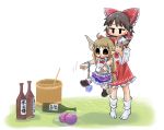  2girls ahoge ascot barrel black_sclera blush bottle bow brown_hair chain chamaji commentary_request cuffs detached_sleeves eyebrows_visible_through_hair fang frilled_bow frills gourd hair_bow hair_tubes hakurei_reimu horn_ornament horn_ribbon horns ibuki_suika jitome lifting_person long_hair multiple_girls nontraditional_miko oni oni_horns open_mouth orange_eyes orange_hair outstretched_arms pointy_ears ribbon sake_bottle saliva shackles shoes short_hair simple_background skirt skirt_set socks solid_oval_eyes sweatdrop torn_clothes torn_sleeves touhou translation_request weights white_background wrist_cuffs 