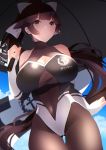  1girl absurdres azur_lane bangs bare_shoulders black_bodysuit black_hair blue_sky blunt_bangs bodysuit bow breasts brown_eyes checkered checkered_flag closed_mouth clouds commentary_request covered_navel fingerless_gloves flag from_below gloves hair_flaps highres holding holding_umbrella large_breasts leotard multicolored_leotard outdoors racequeen sanba_tsui sky takao_(azur_lane) takao_(full_throttle_charmer)_(azur_lane) two-tone_leotard umbrella white_bow white_gloves 