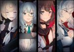  1girl 4girls animal_ears arknights bangs bear_ears blood blue_hair blue_headwear blue_neckwear boots fur-trimmed_boots fur_trim grey_eyes gummy_(arknights) hair_between_eyes highres istina_(arknights) jacket kyomu_(7641) multicolored_hair multiple_girls necktie official_art rosa_(arknights) silver_hair smile white_jacket zima_(arknights) 