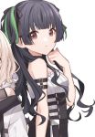 2girls armlet bangs bare_shoulders black_bow black_hair blouse blunt_bangs bow breasts brown_eyes chiri_(ch!) choker closed_mouth eyebrows_behind_hair facing_to_the_side green_stripe hair_ribbon idolmaster idolmaster_shiny_colors long_hair looking_at_viewer mayuzumi_fuyuko multicolored_hair multiple_girls profile ribbed_shirt ribbon serizawa_asahi shirt small_breasts strapless_shirt streaked_hair tied_hair twintails upper_body wavy_hair white_background white_blouse