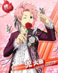  character_name idolmaster idolmaster_side-m jacket kabuto_daigo pink_hair red_eyes roses short_hair smile wink 