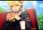  1boy black_jacket blonde_hair blue_eyes blurry blurry_background booth cable closed_eyes collar commentary cup day disposable_cup eating ei_flow english_commentary food hamburger headphones holding holding_food hood hooded_jacket jacket kagamine_len male_focus sitting solo spiky_hair upper_body vocaloid 