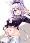  absurdres alternate_costume animal_ears blush breasts cat_ears cat_tail commentary_request groin hair_between_eyes headband highres hololive hololive_gamers large_breasts looking_at_viewer midriff nekomata_okayu nootomo school_uniform simple_background tail tongue tongue_out violet_eyes virtual_youtuber white_background 