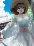  1girl absurdres bangs bare_shoulders blue_sky blush brown_eyes brown_hair clouds collarbone day eyebrows_visible_through_hair hat highres midriff navel open_mouth original outdoors short_hair short_sleeves skirt sky solo straw_hat summer ta938_ka23 temple white_skirt 