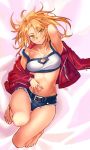  1girl barefoot belt blonde_hair blush breasts denim denim_shorts fate/apocrypha fate_(series) green_eyes hiro_(hirohiro_gorira) jacket long_hair looking_at_viewer lying midriff mordred_(fate) mordred_(fate)_(all) navel on_back shorts solo strapless tubetop 