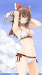 1girl armpits arms_up bare_arms bare_shoulders bikini blue_sky bow breasts brown_hair closed_mouth clouds day hair_bow hair_tubes hakurei_reimu highres long_hair looking_at_viewer medium_breasts navel pink_eyes red_bow sidelocks sky smile solo standing stomach summer swimsuit touhou white_bikini yamabukiiro_(browncat) 