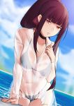  1girl arm_support bikini breasts bushidokuroi choker clouds collarbone dutch_angle eyebrows_visible_through_hair girls_frontline hair_ribbon halterneck hand_on_own_chest highres large_breasts long_hair navel parted_lips ponytail red_eyes ribbon see-through sky solo swimsuit thigh_gap wa2000_(girls_frontline) water 