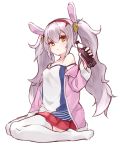  1girl absurdres animal_ears azur_lane bangs bottle camisole closed_mouth cola eyebrows_visible_through_hair fake_animal_ears full_body hair_between_eyes highres holding holding_bottle jacket laffey_(azur_lane) long_hair long_sleeves no_shoes off_shoulder open_clothes open_jacket pink_jacket pleated_skirt rabbit_ears red_skirt simple_background sitting skirt solo strap_slip ta938_ka23 thigh-highs twintails white_background white_hair white_legwear yellow_eyes 