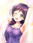  1girl :d aqua_eyes arm_behind_head armpits arms_up blush collarbone commentary_request dress hair_ornament hair_over_shoulder hair_scrunchie long_hair love_live! love_live!_school_idol_project one_eye_closed open_mouth ponyagii purple_dress purple_hair red_scrunchie scrunchie smile solo spaghetti_strap toujou_nozomi upper_body 