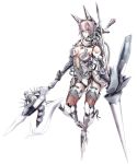  1girl axe highres holding holding_axe holding_spear holding_weapon looking_down mecha_musume original pink_eyes pink_hair polearm solo spear umamimiotoko weapon white_background 