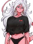  1girl android_21 bikini bikini_bottom black_bikini black_shirt blue_eyes dragon_ball dragon_ball_fighterz earrings hair_between_eyes hoop_earrings jewelry kemachiku long_hair looking_at_viewer majin_android_21 navel pink_skin red_ribbon_army shirt simple_background solo swimsuit tail tied_shirt white_background white_hair 