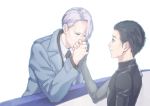  2boys black_hair blue_eyes brown_eyes coat collared_shirt hair_slicked_back holding_hands jewelry katsuki_yuuri male_focus multiple_boys necktie ring shirt silver_hair t3_(19841230) viktor_nikiforov yaoi yuri!!!_on_ice 