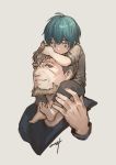  2boys aureolin31 beard blue_eyes blue_hair brown_eyes brown_hair byleth_(fire_emblem) byleth_eisner_(male) carrying closed_mouth facial_hair father_and_son fire_emblem fire_emblem:_three_houses highres jeralt_reus_eisner multiple_boys short_hair short_sleeves shoulder_carry smile younger 