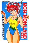  1girl blue_eyes clothes_writing cowboy_shot eyebrows_visible_through_hair goggles goggles_on_head mon_mon one-piece_swimsuit open_mouth redhead short_hair snorkel solo swimsuit w_arms wristband 