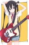  1girl adjusting_hair arms_up black_hair blush brown_eyes closed_mouth electric_guitar grey_skirt guitar hair_between_eyes instrument ixy k-on! long_hair nakano_azusa pleated_skirt red_neckwear red_ribbon ribbon school_uniform shirt short_sleeves skirt solo thighs twintails white_shirt yellow_cardigan 