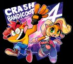  belt blonde_hair coco_bandicoot crash_bandicoot crash_bandicoot_(character) denim english_text fingerless_gloves gloves goggles goggles_on_head green_eyes highres jeans looking_at_viewer one_eye_closed open_mouth overalls pants patch rariatto_(ganguri) red_footwear shirt smile tongue tongue_out white_shirt wristband 