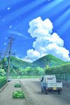  blue_sky chain-link_fence clouds commentary_request day fence ground_vehicle hedge_(plant) highres motor_vehicle mountain no_humans original outdoors plant power_lines road road_sign sakurachoco scenery sign sky telephone_pole truck 