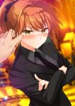  1girl ahoge bangs black_neckwear black_suit blush breasts business_suit closed_mouth crossed_arms fate/grand_order fate_(series) formal fujimaru_ritsuka_(female) hair_between_eyes highres long_sleeves looking_at_viewer medium_breasts orange_hair out_of_frame photoshop_(medium) ponytail short_hair solo_focus suit tanabe yellow_eyes 